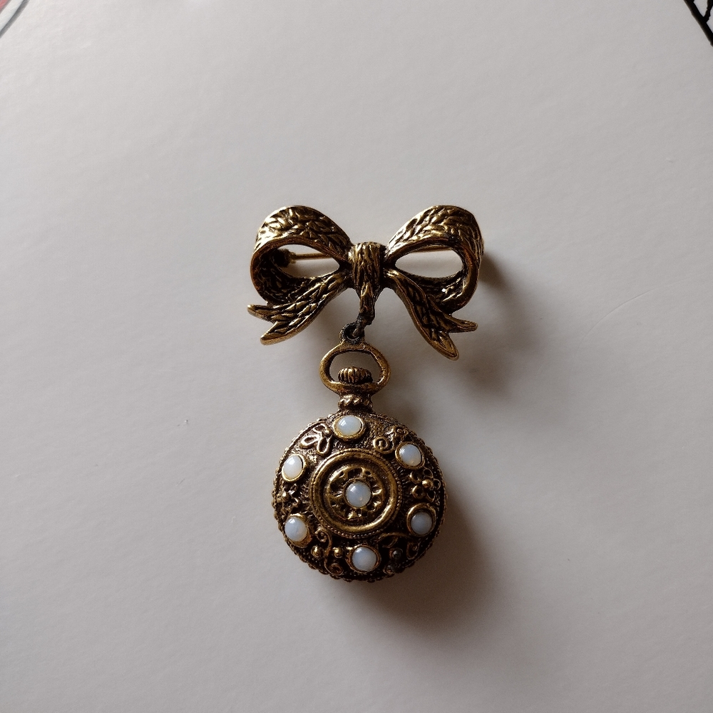 Antique Vintage Bow/Faux Pocket Watch Brooch 1950's
